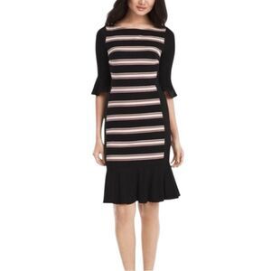 WHBM NWT Black, White, and Mauve Striped Dress with Flared Sleeves and Hem size4